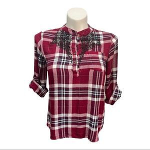 𝅺jane Ashley Plaid Flannel Roll‎ Tab Sleeve Top S